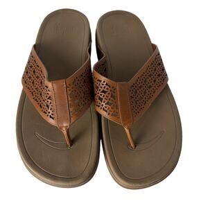 FitFlop Surfa Floral Lattice Toe Post Sandals Women’s Sz 10 Brown Leather